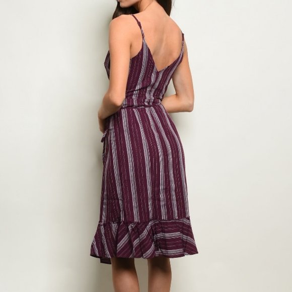 Stripe Cotton Linen Ruffle Wrap Dress - Picture 2 of 8